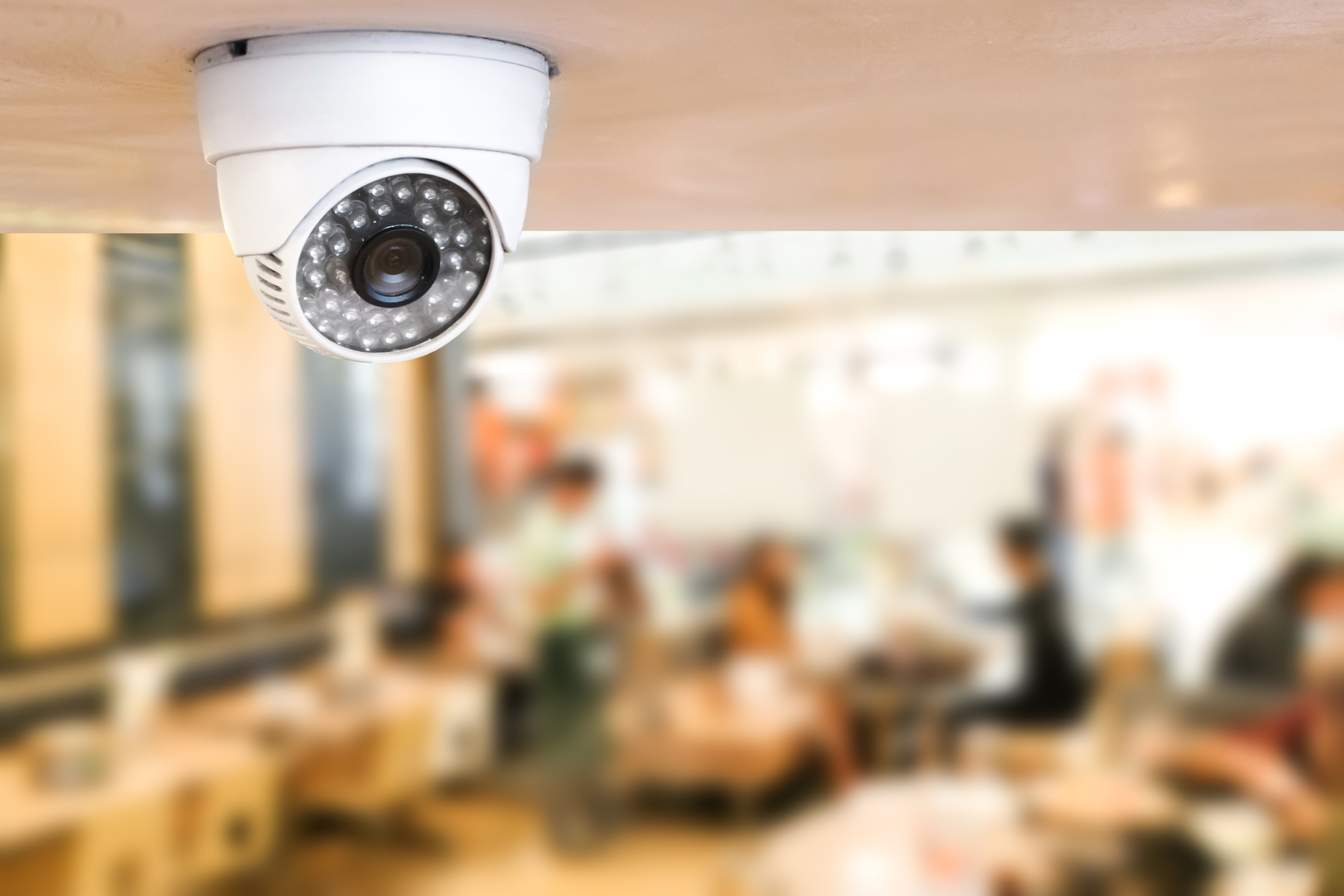 CCTV system security inside of restaurant.Surveillance camera installed on ceiling to monitor for protection customer in restaurant